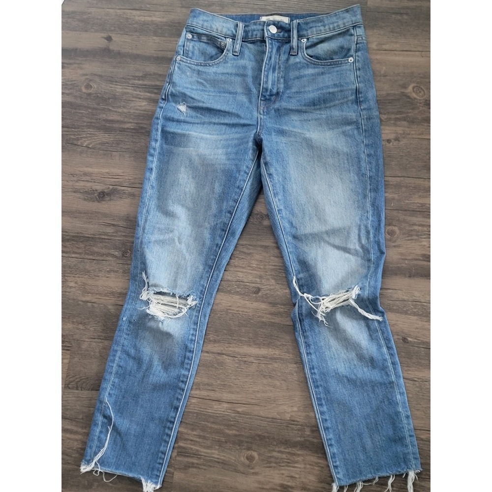 Madewell High-Rise Slim Boyjean Distressed Raw Hem Medium Wash Denim Size 23